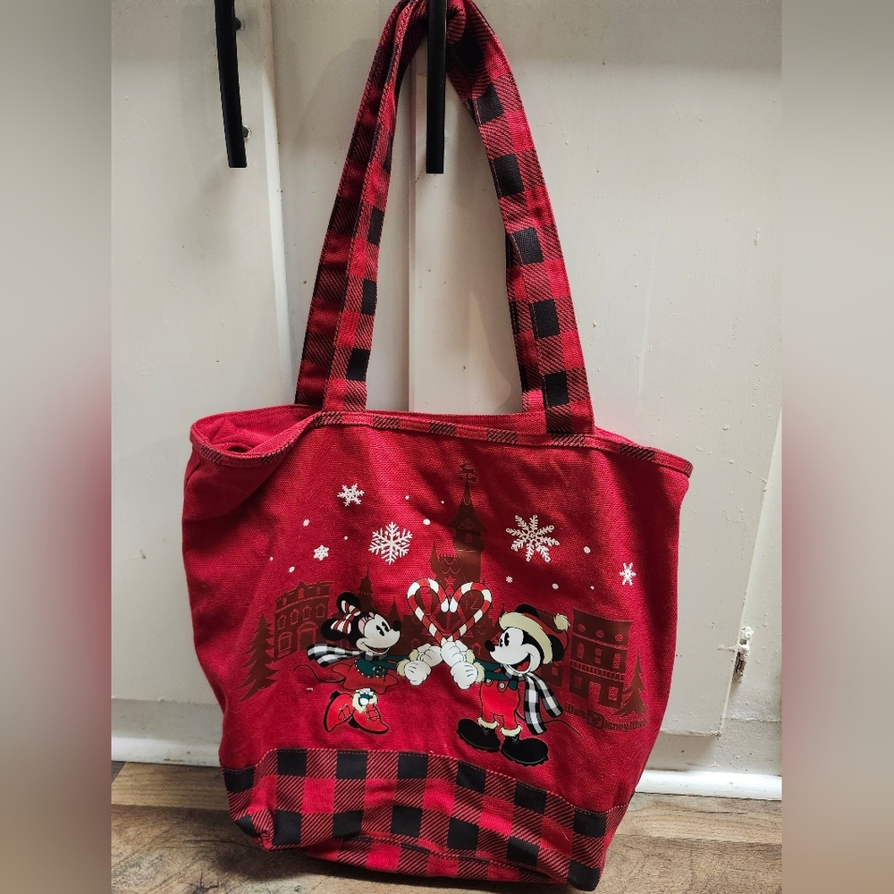 Large Disney Parks Buffalo Plaid Mickey & Minnie Mouse Christmas Tote Bag